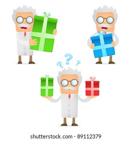set of funny cartoon scientist in various poses for use in presentations, etc.