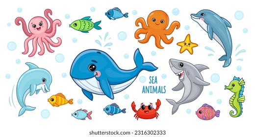 set of funny cartoon sea animals. Cute ocean fishes, octopus, shark, dolphin, crab and whale. underwater animals. Vector illustration