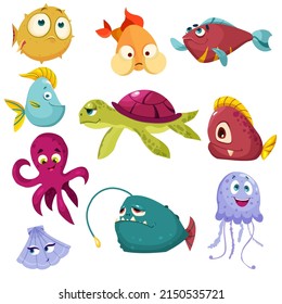 A set of funny cartoon sea fish. Octopus, snake fish, turtle, puffer fish, jellyfish, shell. Vector cartoon set of aquarium characters isolated on a white background.