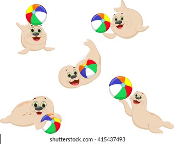 set of funny cartoon seal playing ball
