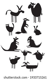 Set of funny cartoon silhouettes of animals