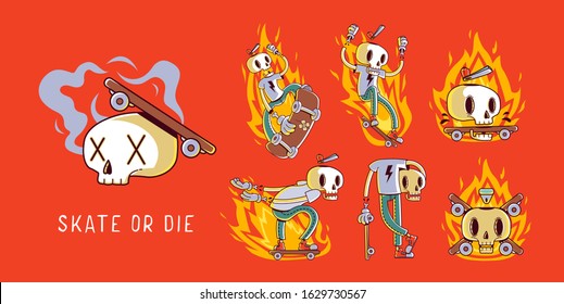 Set of funny cartoon skater skull stickers. Illustrations for t-shirts, posters, sweatshirts and souvenirs. Vector