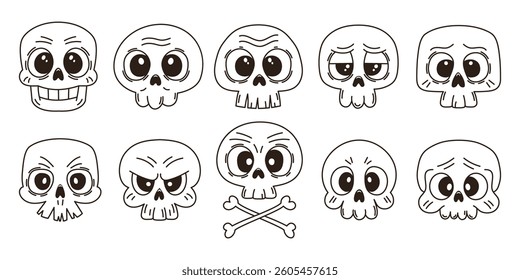 Set of funny cartoon skulls with different emotions, on white background