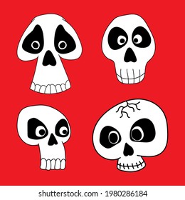 Set of funny cartoon skulls. Drawn by hand. Vector illustration.