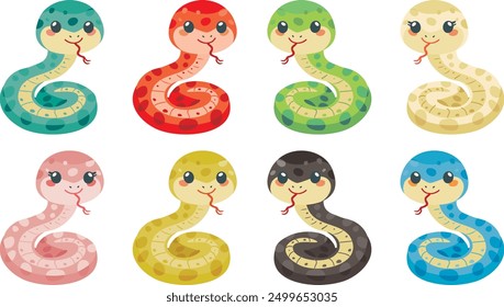 Set of funny cartoon snakes isolated on white background. Year of the Serpent. Vector illustration.