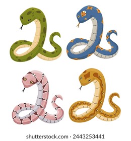 Set of funny cartoon snakes on a white background. Funny python characters of different colors.