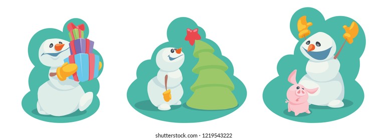 set of funny cartoon snowmen. vector illustration