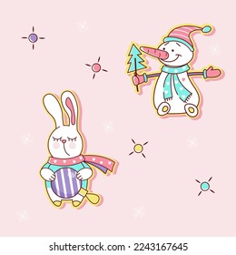 A set of funny, cartoon stickers. New Year and Christmas stickers. A white toy bunny and snowman. Flat vector illustration isolated on pink background.
