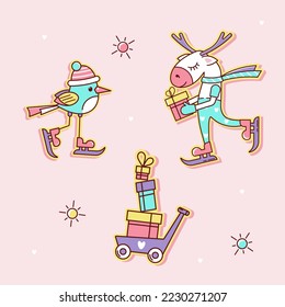 A set of funny, cartoon stickers. A white toy moose, a bird and New Year's gifts. Flat vector illustration isolated on pink background.
