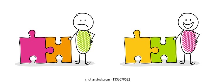 Set of funny cartoon stickman with puzzle icons. Vector