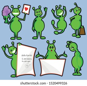 Set of funny cartoon style alien stickers on blue background. Sticker pack for your chat emoji, mobile app decorations, web logos, social media designs.