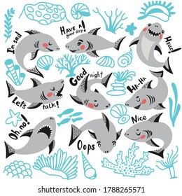 Set of funny cartoon style cute sharks in different poses with corals and shells around. White background. Isolated vector elements for your design. Scrapbook and poster decor. Children education.
