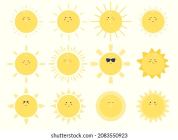 Set of funny cartoon suns. Funny illustration of celestial bodies. Vector illustration