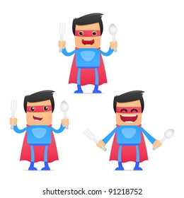 set of funny cartoon superhero in various poses for use in presentations, etc.