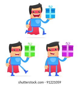 set of funny cartoon superhero in various poses for use in presentations, etc.