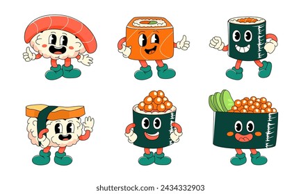 Conjunto de personajes divertidos de sushi de dibujos animados. Colección de comida japonesa en estilo moderno hippie retro. Ilustración vectorial.