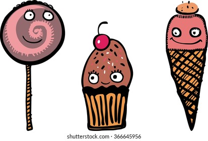 Set of funny cartoon sweets : ice cream, cupcake and lollipop