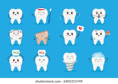 Juego de divertidos dientes de caricatura. Conjunto de personajes de dientes de dibujos animados. Colección de mascotas Kawaii. Dientes sanos y enfermos. Plantillas para odontología, sitios web y medios sociales. Ilustración vectorial.