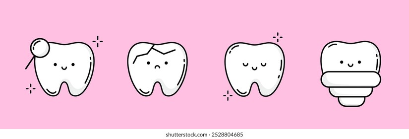 Conjunto de engraçado desenho animado dente. Coleção de mascotes Kawaii. Dentes saudáveis e doentes. Modelos para odontologia, para sites, aplicativos e mídias sociais. Ilustração vetorial sobre fundo rosa