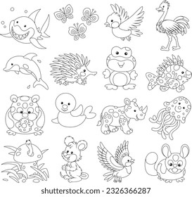 Conjunto de graciosos animales de juguete de dibujos animados, ilustraciones de vector de contorno en blanco y negro para un libro de colorantes