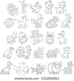 Set of funny cartoon toy Kawaii animals, black and white outline vector illustrations for a coloring book