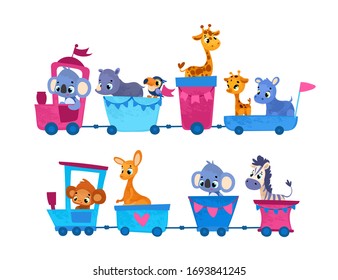 Set Gracioso tren de dibujos animados y vagones. Ilustración vectorial para impresiones en pantalones, libros infantiles, tarjetas de felicitación, carteles, juegos, pegatinas o decoración