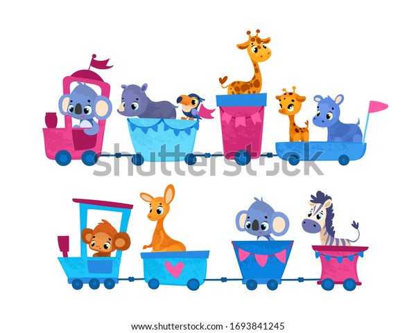 Set Funny cartoon train and wagons. Vector\
illustration for t-shirt prints, children books, greeting cards,\
posters, games, stickers or\
decor
