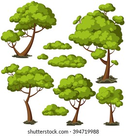 Set of funny cartoon trees and green bushes. Vector illustration.