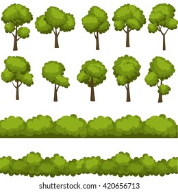 Set of funny cartoon trees and green bushes. Vector illustration.