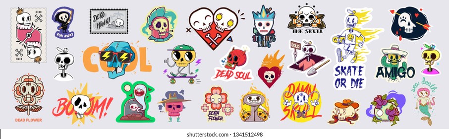 Set of funny cartoon varied skull stickers.