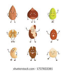 Set of funny cartoon various nuts characters, vector illustration isolated on white background. Vegetarian healthy protein nut snack emoticons collection.