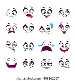 Set of funny cartoon vector comic faces, different emotions, isolated on white, design elements, different feelings avatars