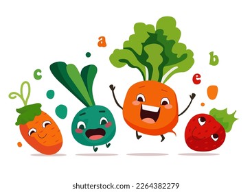 Set of funny cartoon vegetable cute characters with smiling faces isolated on white background. Laughing vegetable msacots vector collection. Vegetable emoticon with vitamins. Organic food concept.