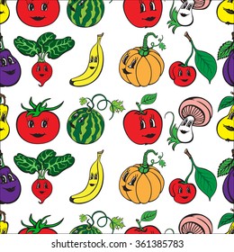 Set of funny cartoon vegetables and fruit isolated on a white background. Vector illustration