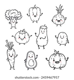 conjunto de divertidas verduras de dibujos animados aislados en blanco. Vegetal en estilo doodle. Lindo personaje. Ilustración vectorial