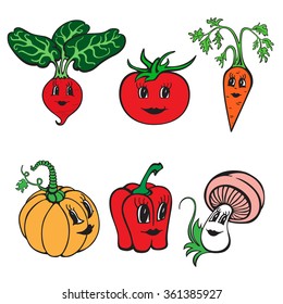 Set of funny cartoon vegetables isolated on a white background. Vector illustration