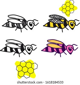 Set of funny, cartoon wasps in vector. Isolated, black and white, colored.