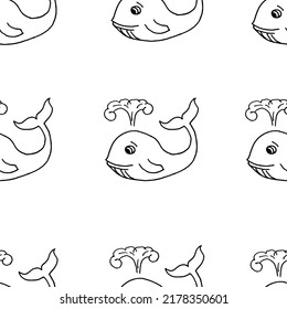 Set of funny cartoon whale. Seamless whale pattern drawn black marker on white paper. 