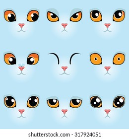 Set of funny cartoon white cat faces. Vector illustration.