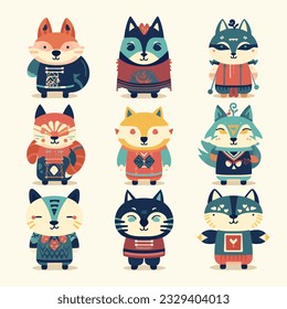 set of funny cartoon wolf