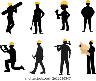 set of funny cartoon workers, silhouette with Industrial Worker and welding Logo icon