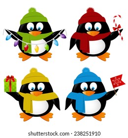 Set of funny cartoon Xmas penguins