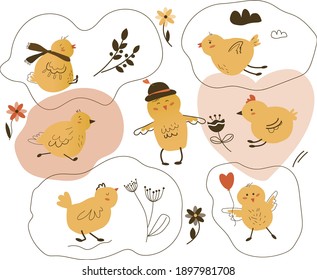 Set of funny cartoon yellow chickens in different poses on a white background .  Cute and funny colorful chicks run, hide, take off, sit