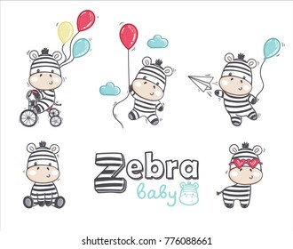 Set Of Funny Cartoon Zebras On White Background. Cute Colorful Baby Zebras On Bike, With Glasses And Baloons