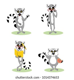 A set of funny cartoonish characters lemurs. Each lemur is individual. Vector illustration.