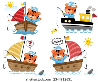 Set of funny cat cartoon fishing on boat