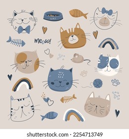 Set of сute funny cat character's faces and accessories. Flat cat faces. Animals funny characters, emoticon stickers. Doodle fluffy cute pet clipart. Сartoon vector illustration.