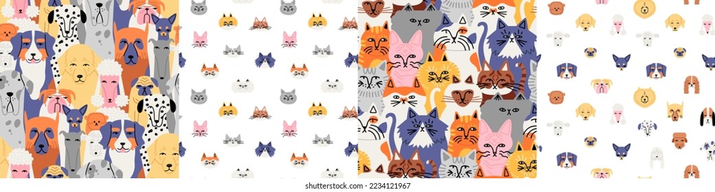 Set of funny cat and dog animal crowd cartoon seamless pattern in flat illustration style. Cute domestic pet group background collection, diverse breed wallpaper print.