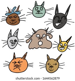 set of funny cat faces drawn by hand.Doodle style.