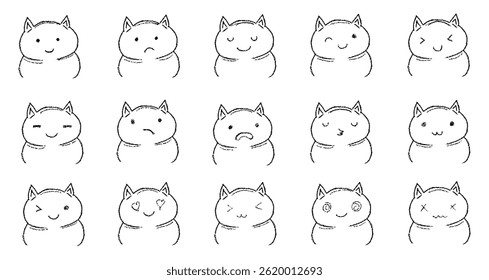 Set of funny cat faces hand drawn in crayon pencil